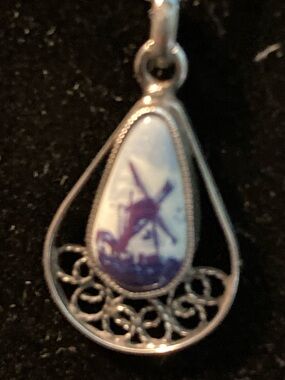 Dutch Delft porcelain windmill and sterling silver necklace